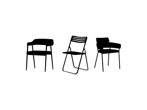 Chair furniture vector silhouette set. Black silhouettes of different chair. Set of wooden chairs silhouette isolated white background.