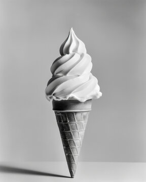 Classic soft serve vanilla ice cream and waffle cone. Archival style B&W image evoking nostalgia, Isolated on a gray canvas backdrop.