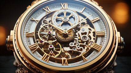 Obraz premium A clock with a round dial and mechanical mechanism, symbolizing the classic style and elegan