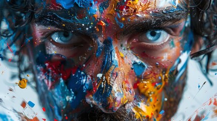 Close-up of a man's face artistically covered with a dynamic explosion of colorful paint splatters against a cool-toned backdrop.