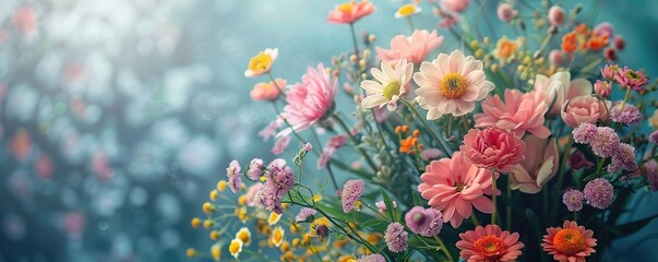 Bunch of fresh blooming flowers placed on table against gray background. - obrazy, fototapety, plakaty