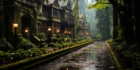 A gloomy old mansion, surrounded by dense greenery of the forest, like an abandoned castle in a