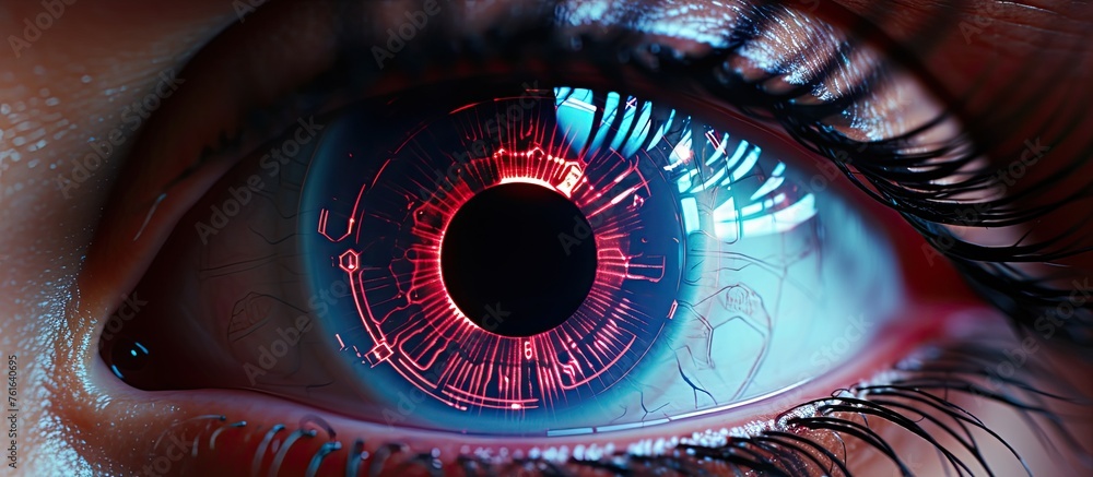 Poster a macro photograph of a womans eyelash and iris with an electric blue light shining through, creatin