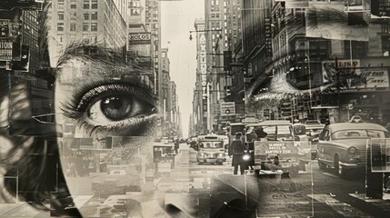 A creative collage featuring human eyes overlaid on a monochrome scene of a bustling vintage city street, blending past and present.