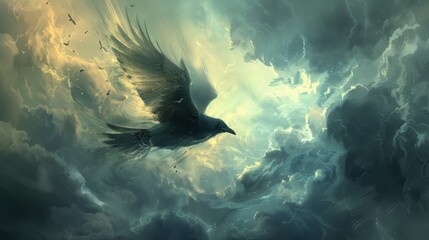 An epic scene captures a powerful bird soaring with outstretched wings amidst the turbulent dance of storm clouds and lightning.