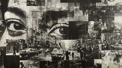 A complex black and white collage blends urban city scenes into the watchful gaze of a human eye, symbolizing constant observation in a bustling metropolis.