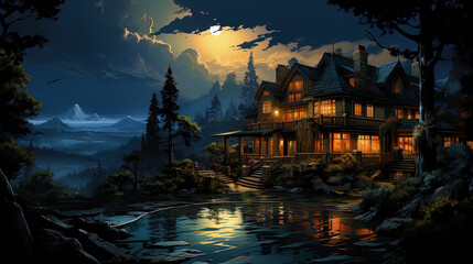 A mysterious mansion, with a view of the radiance of moonlight, like a place where dreams come