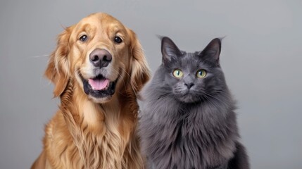 beautiful dog sitting next to a cat on gray background