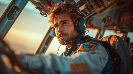handsome male pilot in an airplane cockpit wearing a special headset, earphones with a microphone.
