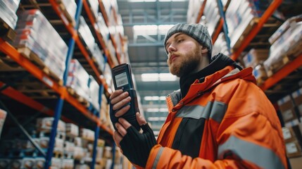 person in the shop, close-up of a warehouse worker screening package with barcode scanner - obrazy, fototapety, plakaty