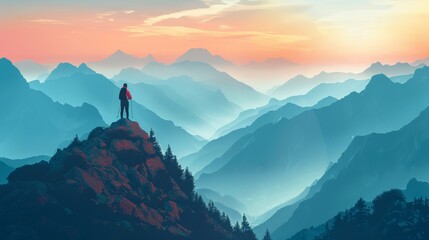 A hiker with trekking poles stands in awe as dawn's soft light unveils the layered silhouettes of a misty mountain range. - obrazy, fototapety, plakaty