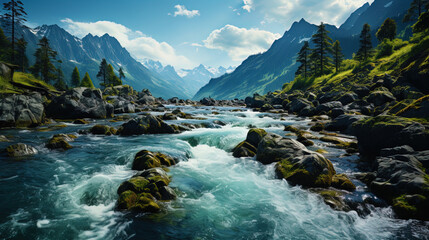 A powerful stream of water, breaking away from a high mountain, like a living power of natu - obrazy, fototapety, plakaty
