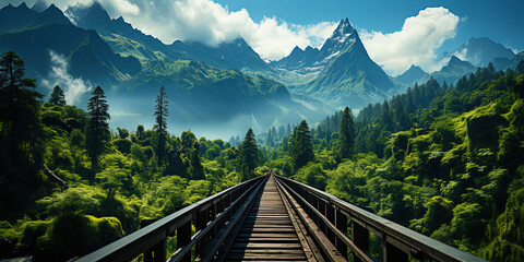 A stunning bridge crowning the green peaks of the mountains, like a stained glass window in the - obrazy, fototapety, plakaty