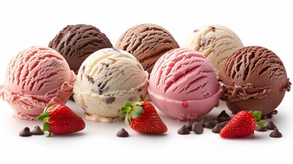 Variety of ice cream scoops with fresh strawberries and chocolate chips for a delightful sweet experience