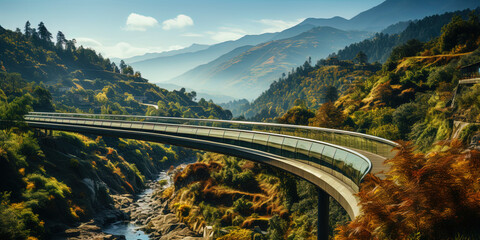 A stunning bridge crowning the green peaks of the mountains, like a stained glass window in the - obrazy, fototapety, plakaty
