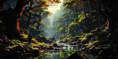 A swift stream, worried under the sun's rays, like a swift dreamer, immersed in his thought - obrazy, fototapety, plakaty