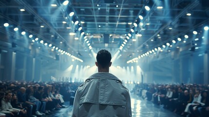 The back of a man as he faces a seated audience from the runway, with the anticipation of a fashion show palpable in the air. - obrazy, fototapety, plakaty