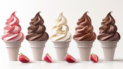 Soft serve ice cream cones in chocolate, vanilla, and strawberry flavors with sprinkles and a berry topping