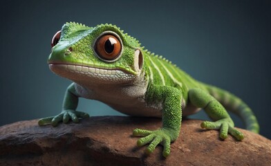 Fanny 3d cute cartoon little gecko. Colorful colored chameleon, lizard close up with big eye....