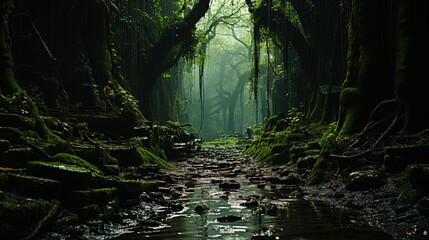 Dense and confusing thickets in the jungle, like a maze for travelers in the wi - obrazy, fototapety, plakaty