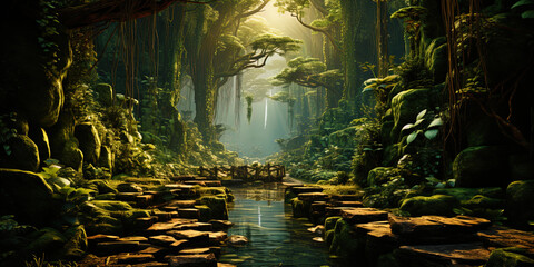 Dynamic jungle with the movement of vegetation and sounds of nature, like a pulsating heart of - obrazy, fototapety, plakaty