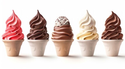 Soft serve ice cream cones in chocolate, vanilla, and strawberry flavors with sprinkles and a berry topping