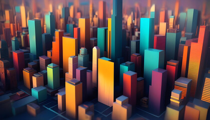 A vibrant cityscape with buildings in different colors and styles