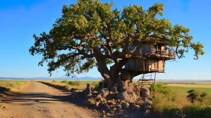 Mighty oak, with many bird nests on the branches, like a hospitable house for numerous inhabitant