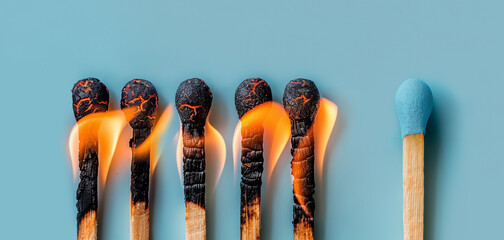 Matchsticks with flames, one standing alone, isolated pastel blue background, top view. Prevention spread infection concept, immunity, isolation, avoid burnout, crowd psychology. - obrazy, fototapety, plakaty