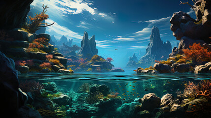 Planet with magnificent oceans and picturesque underwater reefs, like the world of a water sympho