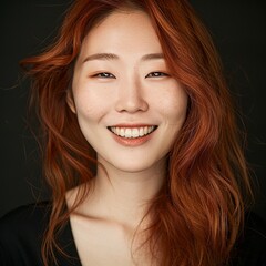 Discover the glow of a 20-year-old Asian model with striking red hair in a skincare portrait. Enhanced by a soft backdrop, luminous filter effect, and cinematic clarity, the image exudes elegance.