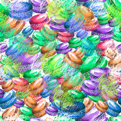 Seamless vintage pattern with watercolor. Tasty colorful macaron.
Use for design, postcards, posters, packaging, invitations. Watercolor macaroon, cake, cookies. Pencil stroke, artistic drawing. - 761642419