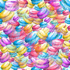 Seamless vintage pattern with watercolor. Tasty colorful macaron.
Use for design, postcards, posters, packaging, invitations. Watercolor macaroon, cake, cookies. Pencil stroke, artistic drawing. - 761642445
