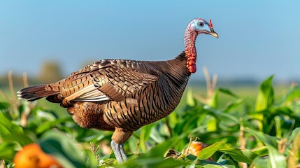 Majestic turkey proudly strutting through a cornfield following the bountiful harvest