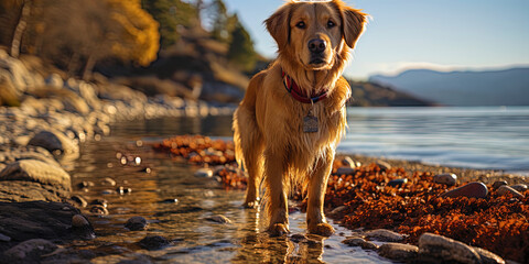 The golden labrador, walking along the seashore with the owner, like a peaceful coexistence of ma - obrazy, fototapety, plakaty
