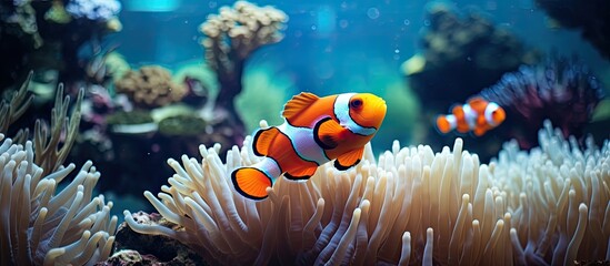 Fototapeta na wymiar Two clownfish are gracefully swimming among the coral in the underwater world of a vibrant coral reef, surrounded by anemone fish