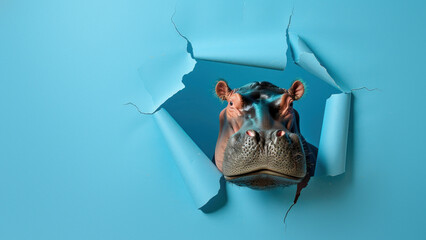 An artistic capture of a hippo head protruding through blue paper resembling a creative peekaboo...