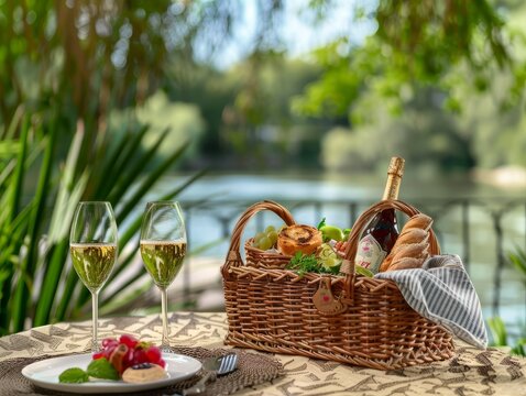 Wicker basket with tasty food and drink for picnic near river