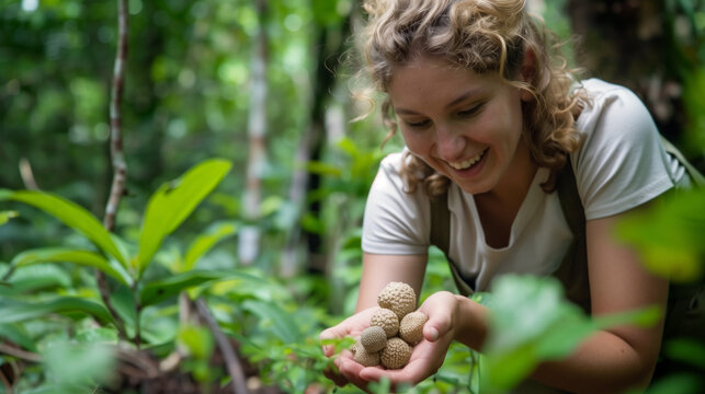 Woman holding large white truffles in a lush forest.