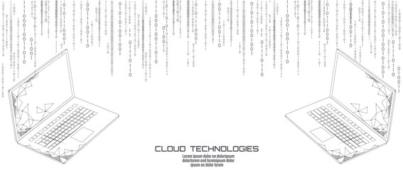  Laptop cloud data transfer. Computer online cloud data storage technology progress upgrade software app development vector illustration