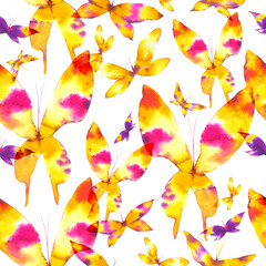 Beautiful spring Seamless pattern of flying butterflies yellow, pink and lilac colors. Watercolor illustration on white background.