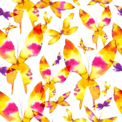Afwasbaar Fotobehang Aquarel prints Beautiful spring Seamless pattern of flying butterflies yellow, pink and lilac colors. Watercolor illustration on white background.
