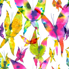 Beautiful spring Seamless pattern of flying butterflies yellow, pink and green colors. Watercolor illustration on white background.