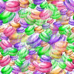 Seamless vintage pattern with watercolor. Tasty colorful macaron.
Use for design, postcards, posters, packaging, invitations. Watercolor macaroon, cake, cookies. Pencil stroke, artistic drawing. - 761643217