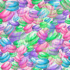 Seamless vintage pattern with watercolor. Tasty colorful macaron.
Use for design, postcards, posters, packaging, invitations. Watercolor macaroon, cake, cookies. Pencil stroke, artistic drawing. - 761643235