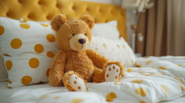 Golden hour glow in a cozy child's room with a cheerful teddy bear on the bed

