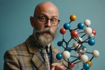 Bearded chemistry teacher in tweed jacket holding molecular model on blue background