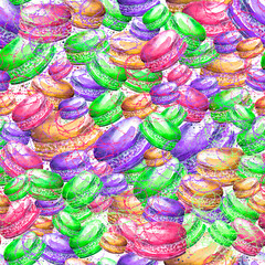 Seamless vintage pattern with watercolor. Tasty colorful macaron.
Use for design, postcards, posters, packaging, invitations. Watercolor macaroon, cake, cookies. Pencil stroke, artistic drawing. - 761643421