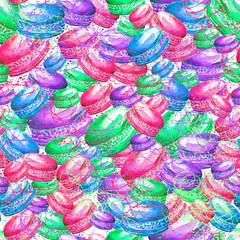 Seamless vintage pattern with watercolor. Tasty colorful macaron.
Use for design, postcards, posters, packaging, invitations. Watercolor macaroon, cake, cookies. Pencil stroke, artistic drawing. - 761643429