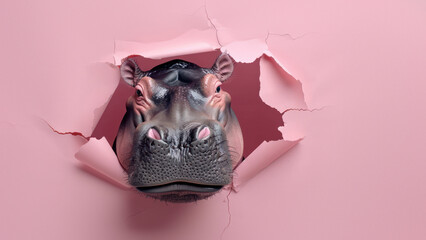 An amusing capture of a curious hippopotamus peering through a ripped pink paper background